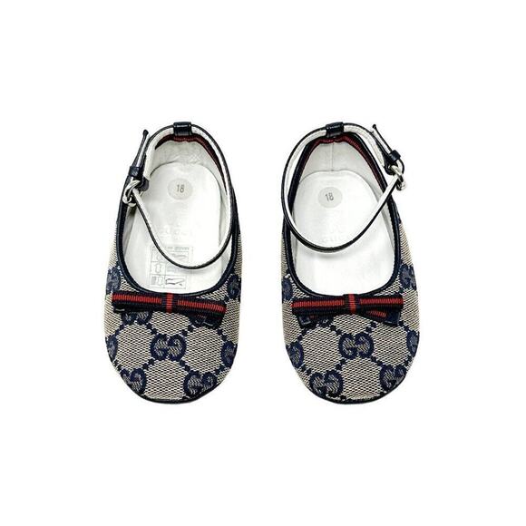 Gucci GG Supreme Blue Monogram Canvas Leather Trim Maryjane Baby Girl Shoes - Picture 1 of 9